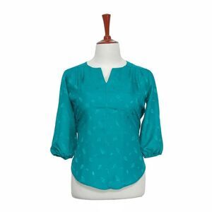 Womens Silky Blouse Floral Turquoise 3/4 Sleeve V-Neck Relaxed Casual Top Large
